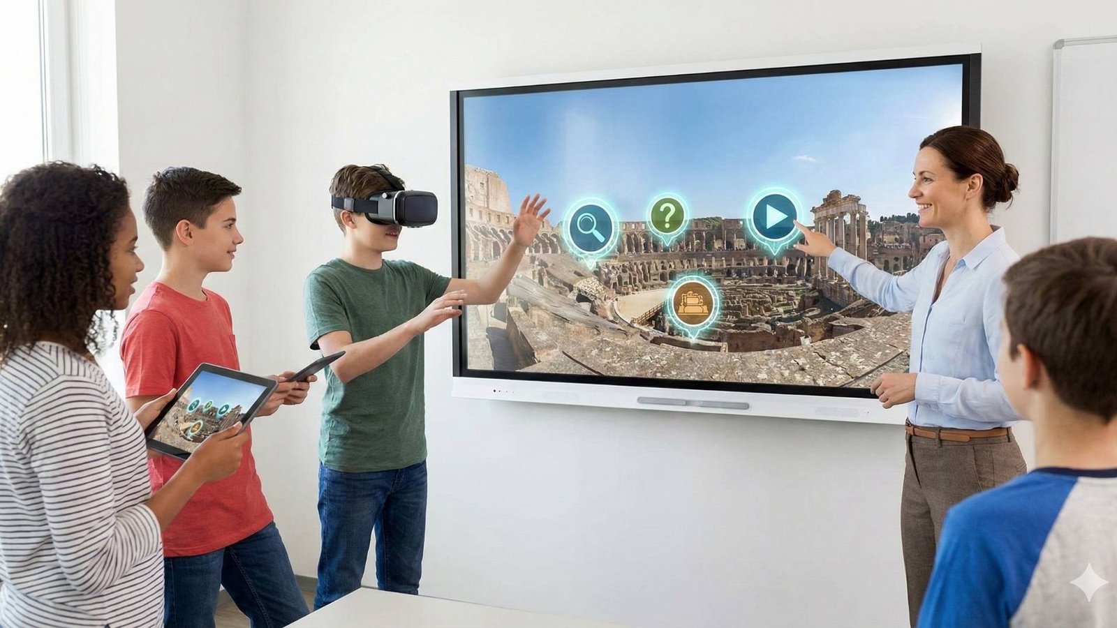 Teacher and students actively engaging with interactive virtual tours for education using VR headsets and tablets in a modern classroom